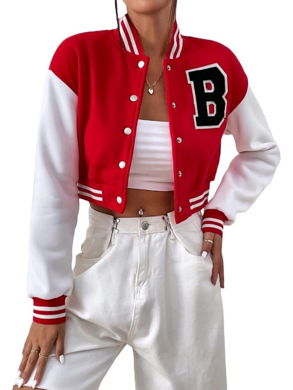 Casual Color Block Crop Varsity Jacket with Button Down & Letter Patch Details